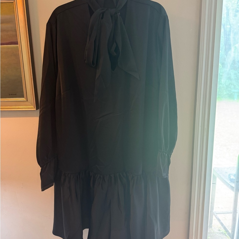 11 Honoré Black Satin Dress with Tie Neck - Picture 3 of 6